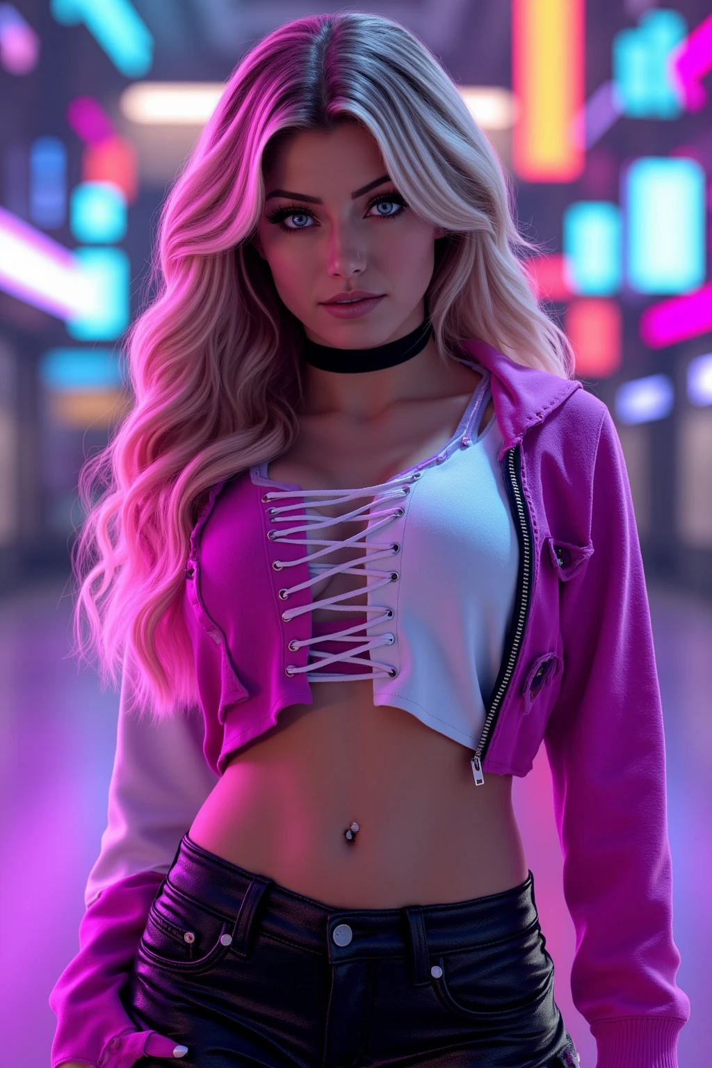 beautiful body of 30 years old woman wearing sunglasses with purple frames and pink color glass illuminated by colorful lights photorealistic background bright colors Luminous background of neon pink and neon blue glitter powder with blonde hair pink and blue smoke vapor, Blue eyes,wide,ripped shorts,White shirt,