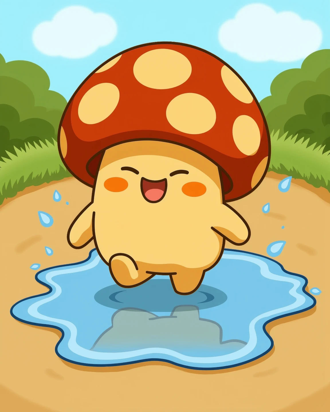 Kinoko-chan plays jumping up and down in a puddle of water、The face of a happy mushroom。
