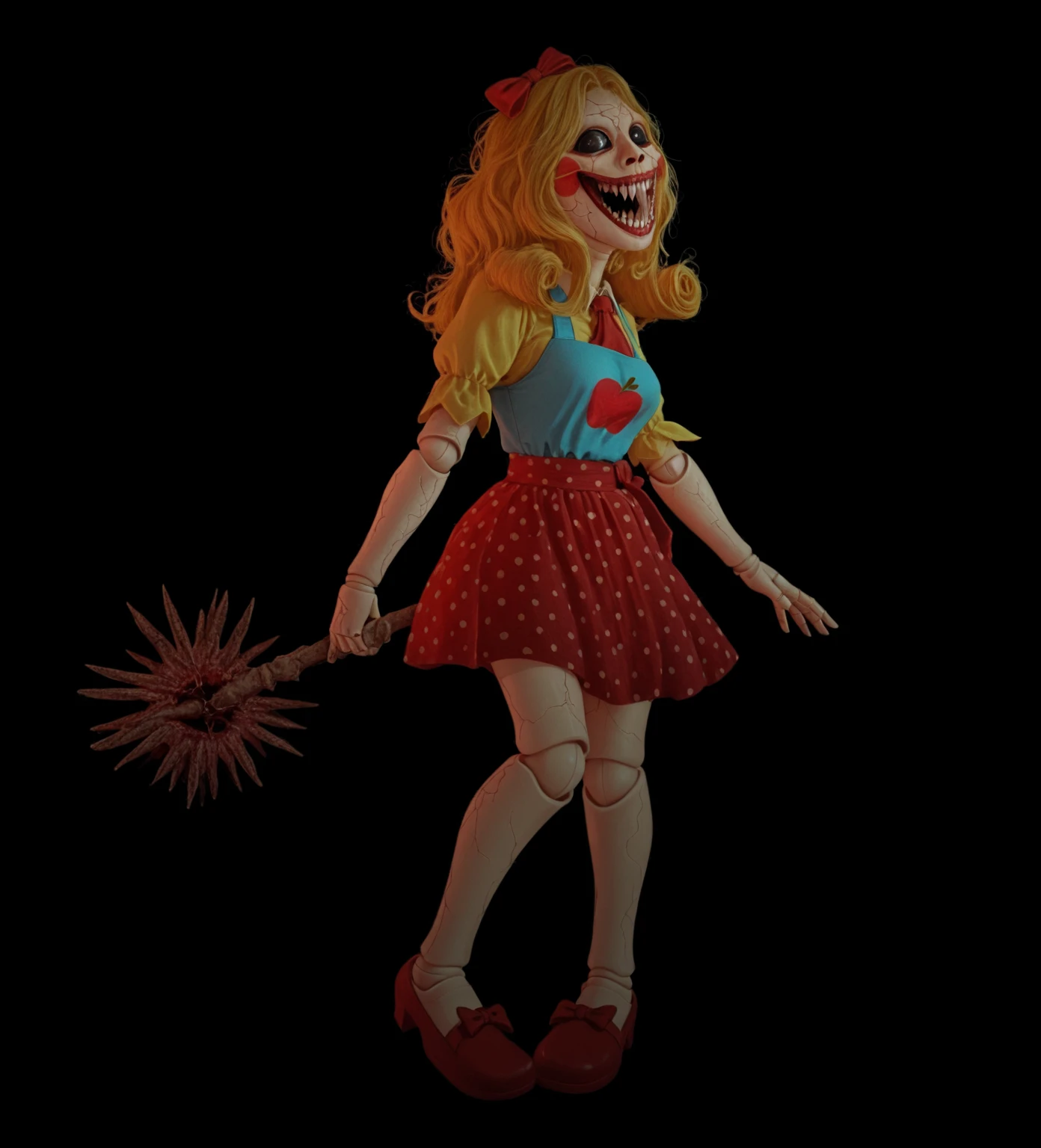 cartoon doll girl with a mace in her hand, doll, game character, videogame character, creepy doll, large creepy smile, doll with creepy smile and red eyes, insane, she ia holding death star mace in hand, doll toy,  glossy texture, smooth 3d model, multiple light sources, rim light, sharp post effects render, (glossy plastic texture with multiple big light probe refractions), perfect cgi,  smooth silhouette, high intensity refraction, (super glossy material), most beautiful vfx, blue background, plastic refractions, realistic, 4k, high resolution, rim light