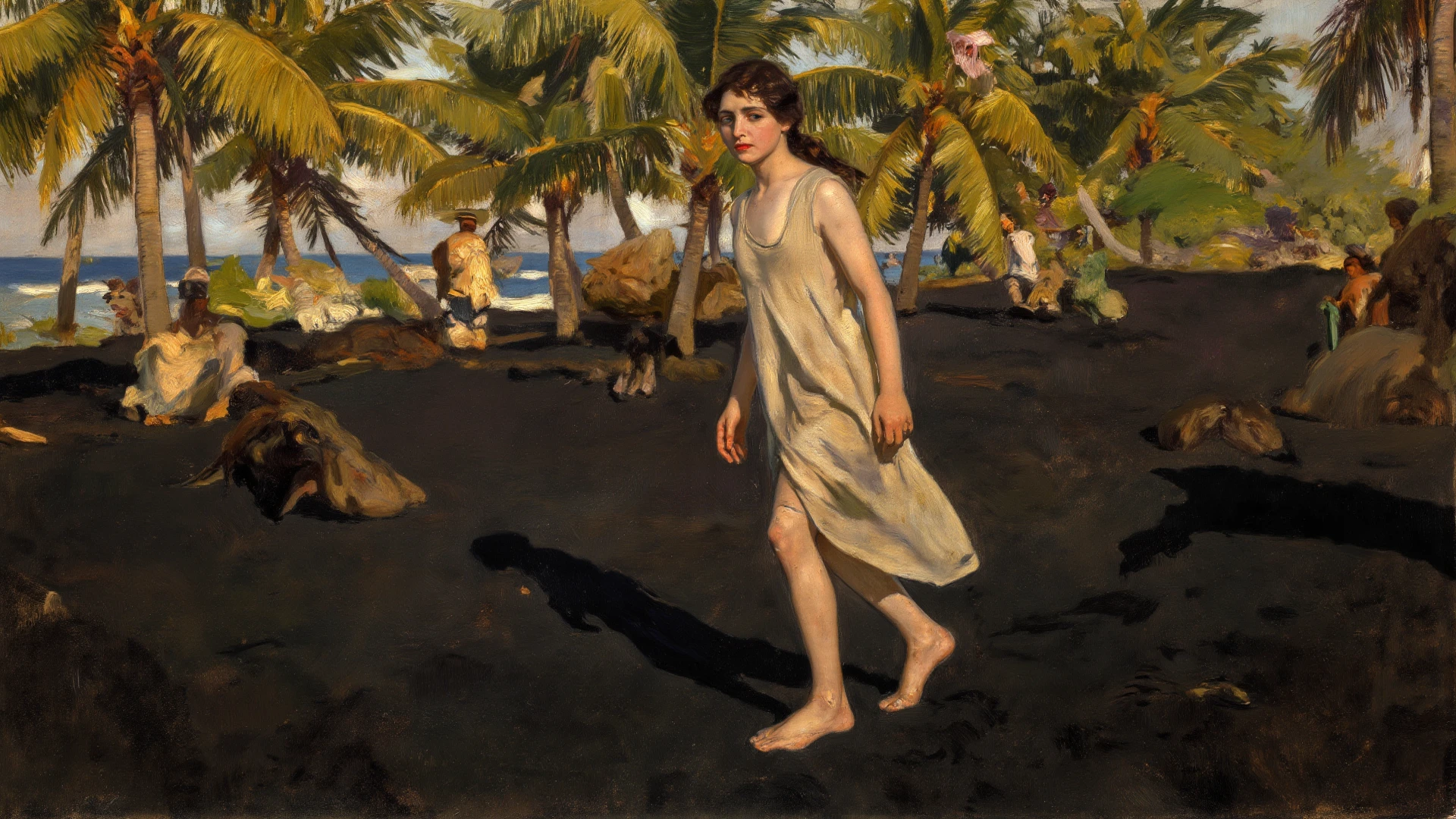 alone in the universe, in watercolor style, Photorealism, discreet golden and ruby and mint shades, (nude) a gentle, modest, thin girl of 16 years old with a very beautiful, sophisticated face of the southern type with a short hairstyle with beautiful breasts with tender nipples, barefoot in a long old beige skirt, walks in the distance through the desert, stunted little plants, drought, precious jewelry on the neck and chest and on the wrists, precious bracelets, ankle bracelets