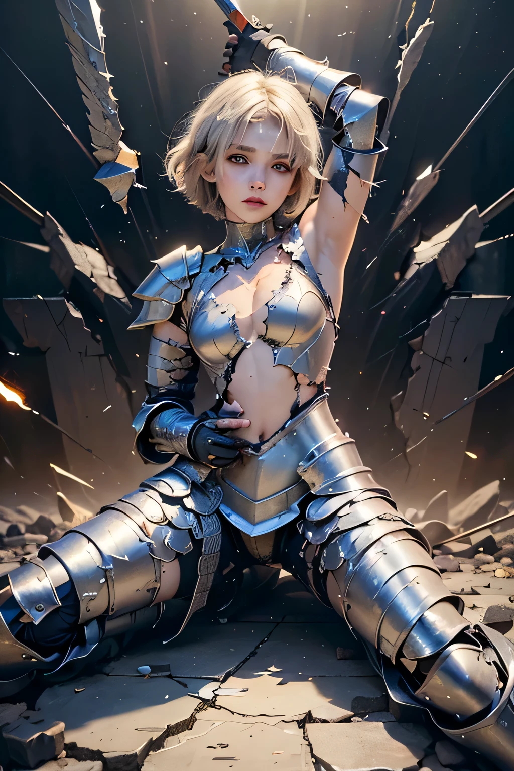 、(Tie your arms behind your head),(be scared),masterpiece, extremely detailed, broken armor, worn-out armor, asymmetrical armor, injured, cut and bruised, bleeding, ((one arm)), ((arm amputee:1.5)), ((missing limb)), (((missing an arm))), ((missing arm)), cracked armor, ripped armor, cut face, ((cut eye)), standing, ((woman)), adult, mature,(solo),(fullpage of beautiful women),(beautiful detailed face,beautiful detailed eyes,finely detailed shiny skin,beautiful small hips),light smile,medium breast,(emphasize body line),(on battlefield),tsurime,slant eyes,Hight resolution,Hight quality, realistic, (8k,RAW shooting,highest quality,masterpiece:1.2),Super detailed,super resolution,(genuine,genuine:1.37),portrait,High-definition RAW color photo,professional photography,highly detailed face, highly detailed body,perfect anatomy,detailed background,,(cracked armor:1.7),,((Shattered armor:1.7)),,((crushing armor:1.7)),((Armor half chest split:1.7)),,((Broken chest armor:1.7)),,,((The right chest section of the armor has been torn off.:1.9),(extra short hair:1.7)), looking at viewer, (holding glowing weapon:1.7), double eyelid,motion trajectory,fullbody,),(spread legs:1.5)