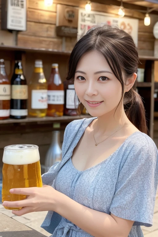((Highest quality)), ((masterpiece)), (detailed), Japanese, 40 years old, Beauty, Front face,whole body,smile, Nagoya,Facial wrinkles, In underwear,sexy,Holding a beer, Inside the house