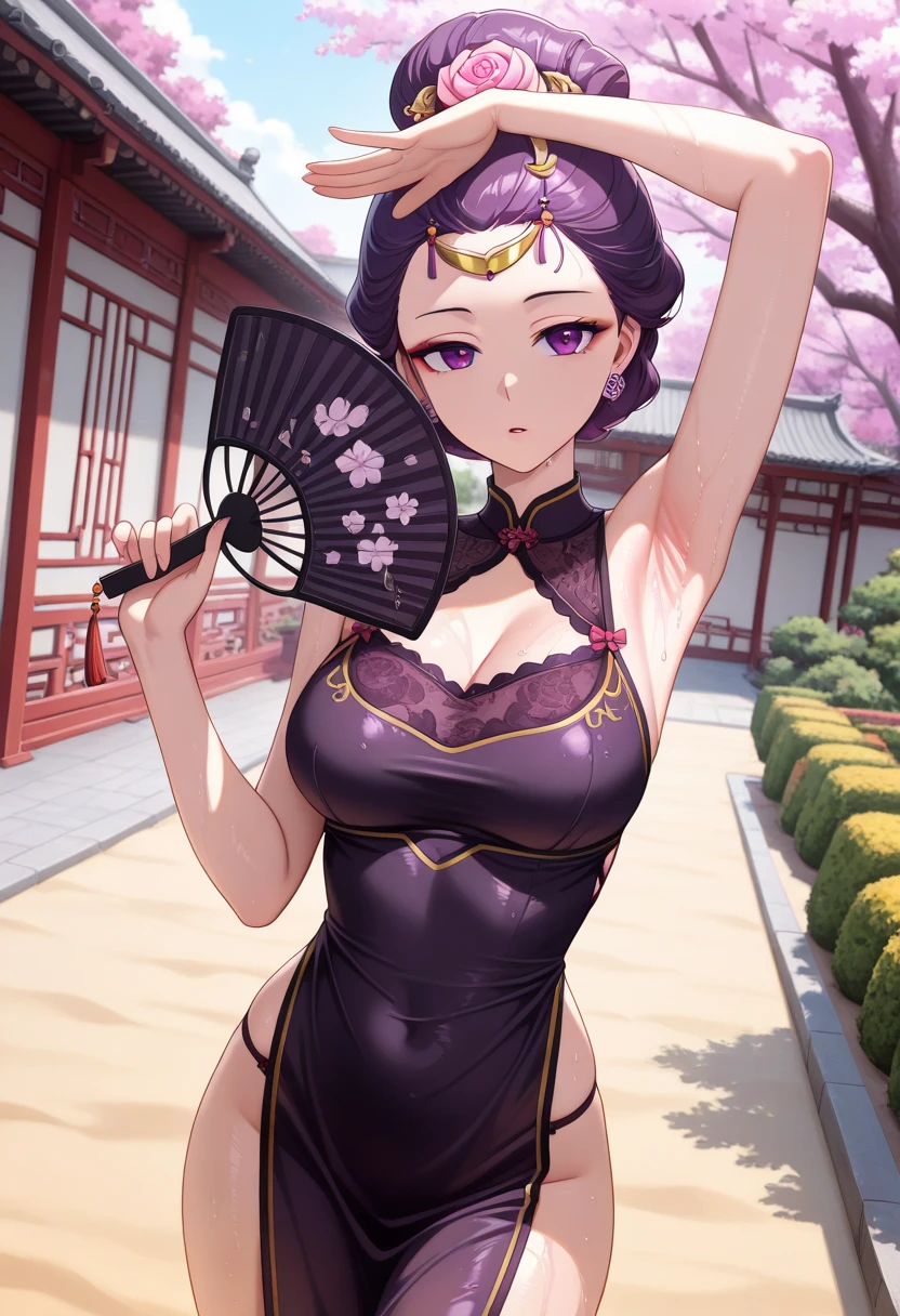 (masterpiece), best quality, expressive eyes, perfect face,1girl,kuki shinobu,genshin impact,lake,nighttime,fireworks in the sky,(glitters:0.9),(sparkes:0.9),cowboy shot,big breasts,cleavage,navel,dynamic angle,bare shoulders,purple patterned bikini,blush,light smile,sexy pose
