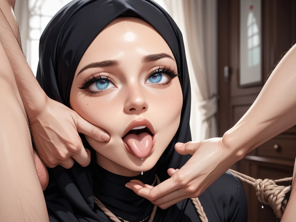 score_9,score_8_up,score_7_up,rating: general,1girl,hijabi, muslim girl, hijab, 1boy, light skinned male, pale male, indoors, ahegao, nude, large breasts, size difference, brown eyes, bimbo makeup, runny makeup, white hijab, large breasts, front view, after sex, after fellatio, cum in mouth, cum inside mouth, cum on face, another's finger in mouth, solo focus