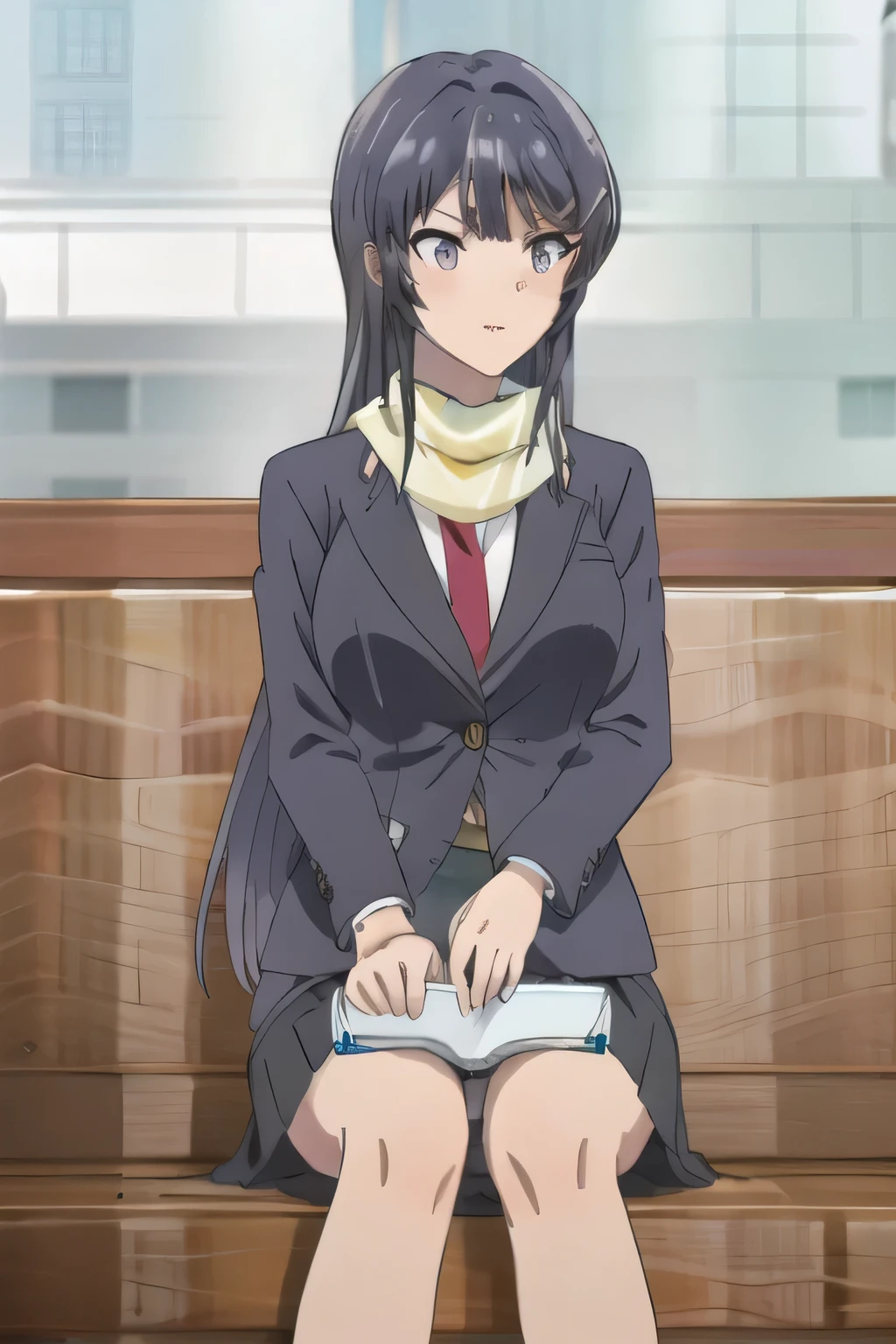 Highest quality、High chroma、Gray Office Suit、ponytail, , classroom, machine、Chair、Sitting, white lace panties, Grey tight mini skirt,