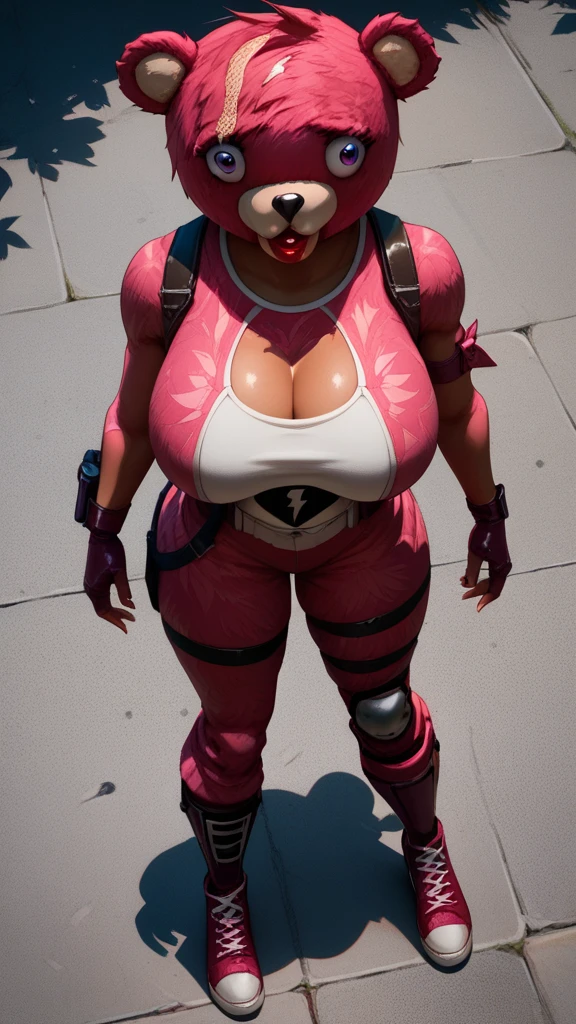 (masterpiece, best quality, ultra-detailed, ultra-HD, photorealistic, cinematic), (Ochako Uraraka of My Hero Academia anime), perfect body, perfect face, perfect hands, delicate face, (large cleavage:1.5), (round ass), (long round legs), (wide shot, full body view:1.5), short girl with a curvy figure, fair wet skin, and wet auburn hair with eyes that match in color, perpetual pink blush on her cheeks, large and round eyes with thick upper lashes, detailed pupils, two more extended and more prominent ones on either side and fewer but more individually pronounced lower lashes, shoulder-length hair with short bangs, bobbed cut hairstyle with two long strands framing her face, (slightly parted lips, nude lips), (wears full-body suit with a pale pink design down the middle of her torso, topped with two black semi-spheres on her chest, pink stripes starting at her midsection, a deep pink choker, and two-toned pink sleeves with cuffs), It also has matching pale and deep pink colored accessories, including round gauntlets with handles, chunky, knee-high boots, and a two-piece belt with a round buckle,