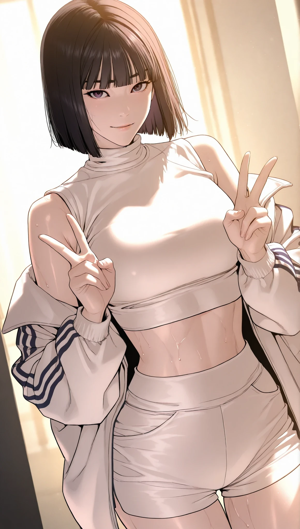 Solo,black hair, black eyes, medium hair, purple eyes,looking at viewer, seductive face,soft light, high detailed, best quality, standing, cowboy shot,dutch angle,brown eyes, short hair, bob cut, brown hair, black hair, black eyes, blunt bangs,crop top, jacket, midriff, off shoulder, open clothes, open jacket, short shorts, shorts, sleeveless, sleeveless shirt, turtleneck, white jacket, white shorts,double V, sweaty