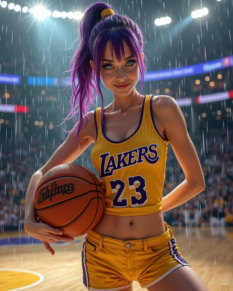 portrait of an Indonesian teenage girl with a slim abs, huge breasts, wearing a pink basketball sports jersey with the name RICKY, long bright purple hair, black shorts, the teenager is holding a toy water gun, while looking at the camera, the background is dark with splashes of blue water,incredibly absurdres, ultra detailed, high resolution, realistic lighting, photorealism, hyperrealism,masterpiece,vibrant colors,stunning visuals,ultra skin texsture,stable diffusion,perfect anatomy,crazy details