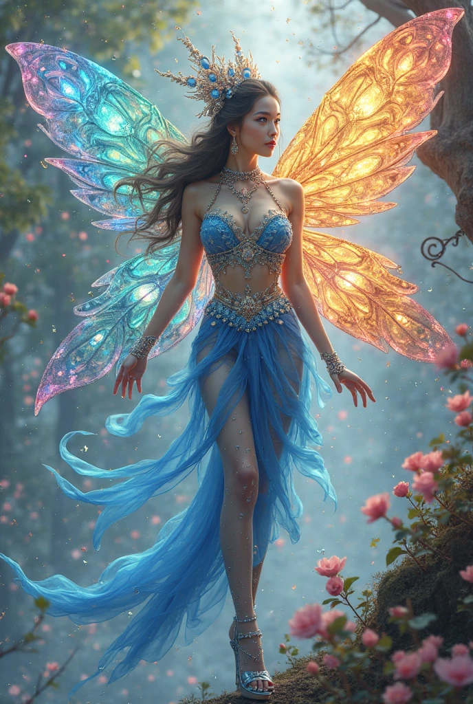 high details, best quality, 16k, RAW, [best detailed], masterpiece, best quality, (extremely detailed), full body, ultra wide shot, photorealistic, dark fantasy art, goth art, RPG art, D&D art, a picture of a dark female fairy resting in a flower meadow, extremely beautiful fairy, ultra feminine (intense details, Masterpiece, best quality), best detailed face (intense details, Masterpiece, best quality), having wide butterfly wings, spread butterfly wings (intense details, Masterpiece, best quality), dark colors wings (intense details, Masterpiece, best quality), black hair, long hair, shinning hair, flowing hair, shy smile, innocent smile, blue eyes, dark red lips, wearing ((white: 1.5)) lace dress (intense details, Masterpiece, best quality), ((white lace: 1.5)) corset (intense details, Masterpiece, best quality), dynamic elegant shirt, chocker, wearing high heels, in dark colored flower meadow (intense details, Masterpiece, best quality), (red flowers: 1.2) , (black flowers: 1.2), (white flowers: 1.2), (blue flowers: 1.3) [extreme many flowers] (intense details, Masterpiece, best quality), dark colorful flowers (intense details, Masterpiece, best quality), flower meadow in a dark goth field background, dim light, cinematic light, High Detail, Ultra High Quality, High Resolution, 16K Resolution, Ultra HD Pictures, 3D rendering Ultra Realistic, Clear Details, Realistic Detail, Ultra High Definition, lace drawing, betmd, DonMF41ryW1ng5XL
