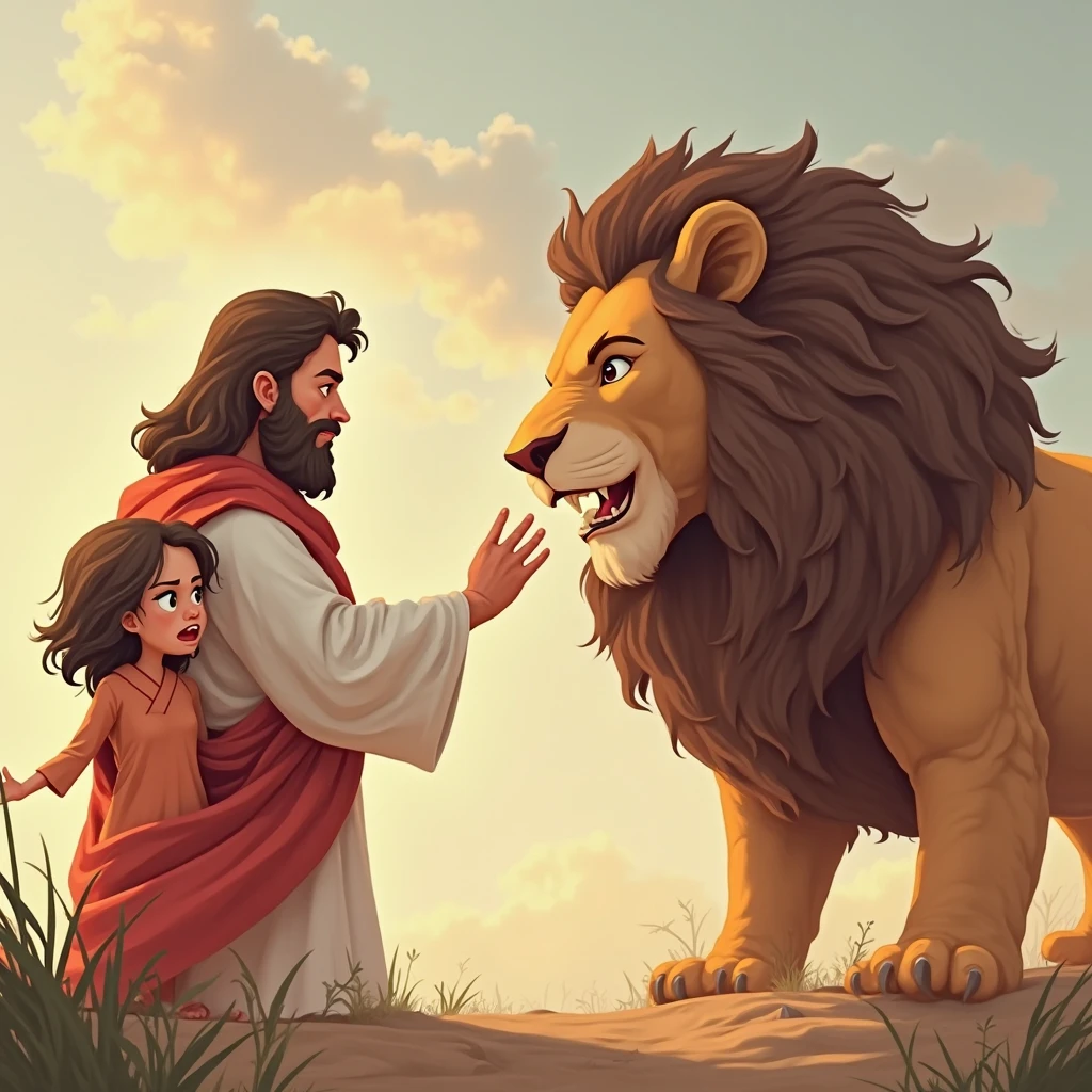 Jesus holding hands with a blonde woman, medium hair, chubby, with their backs to us and the face of a lion behind them
Disney 3d format
