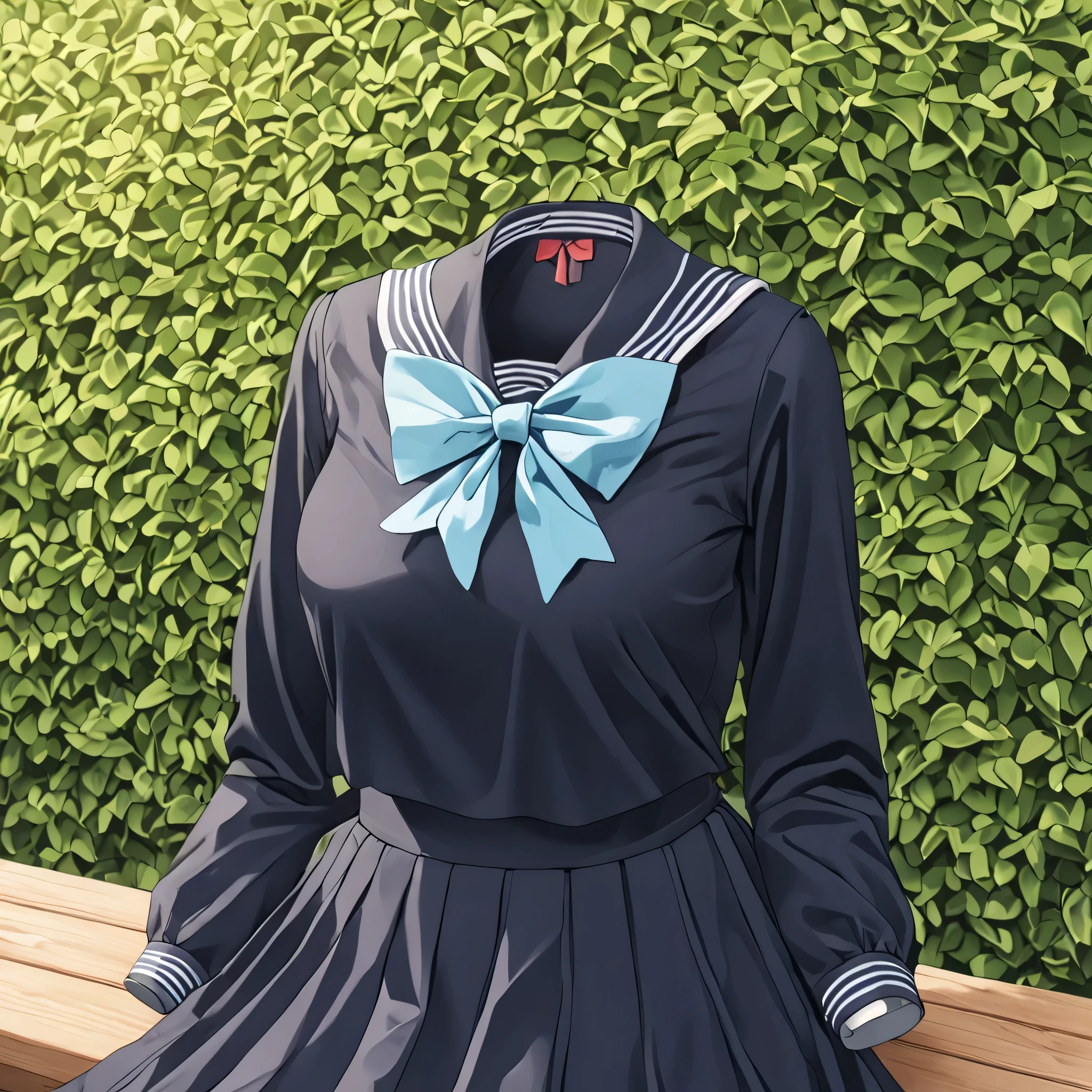 shirt, long sleeves, bow, school uniform, white shirt, serafuku, sailor collar, neckerchief, blue bow, black sailor collar, blue neckerchief, on bench in garden, (invisible:1.5, no humans:1.5, headless:1.5, faceless:1.5), cute big huge breasts, detailed cloth texture, extremely details, close-up to breasts, (Best-quality, Masterpiece, Ultra-High-Resolution)