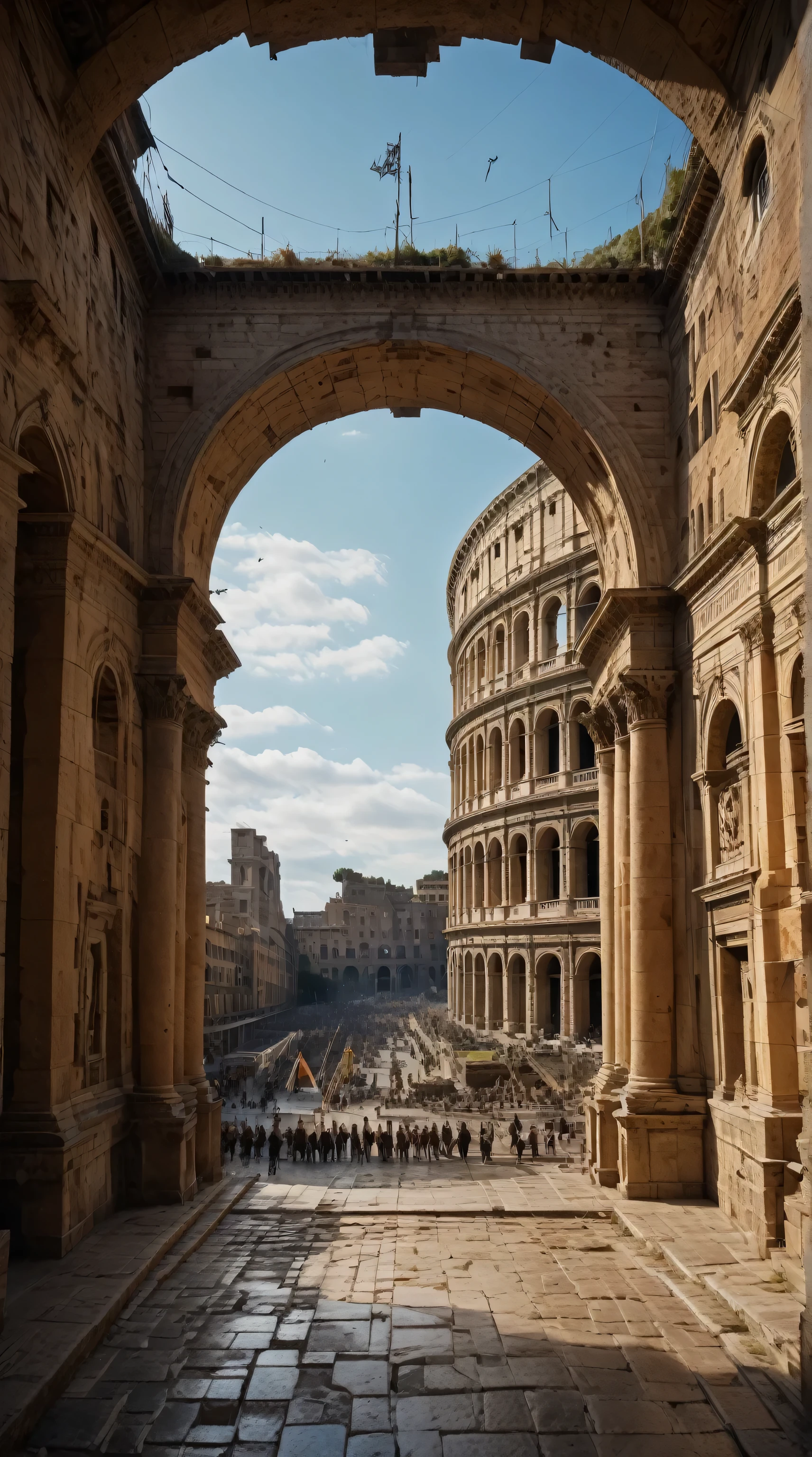 Long-range shooting，Subjective perspective shooting。ultra wide angle shot。Low Angle Shot。Colosseum in ancient Rome，The Colosseum in perfect condition。Exquisite arches，Ornate slate floor，Inlaid with gold decoration。The immaculate ancient Roman palace，decorated with gold on the wall，There are lots of colored flags in the square。Inside the arch is a lively square，has warriors and horses in ancient Roman clothes in the square，movie texture。Ultra Realistic。
