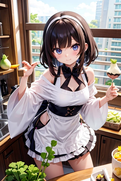 ((32k)), ((best quality)), ((ultra high res)), ((HDR)), ((UHD)), ((extremely detailed CG)), ((unity 32k wallpaper)), (((Virgin girl))), (ideal ratio body proportions), solo, long hair, (breasts), looking at viewer, blush, smile, bangs, thighhighs, bow, holding, cleavage, jewelry, ((white bikini)), (((Black ponytail))), (medium breasts), closed mouth, standing, swimsuit, ((black hair)), short sleeves, bikini, (upper body), earrings, frills, food, black thighhighs, indoors, bowtie, hair over one eye, apron, cup, puffy short sleeves, wrist cuffs, grey eyes, thigh strap, detached collar, side-tie bikini bottom, thigh gap, table, single thighhigh, waist apron, white apron, plate, tray, teacup, cake, frilled apron, bridal garter, holding tray, cake slice, from below, ((front)),