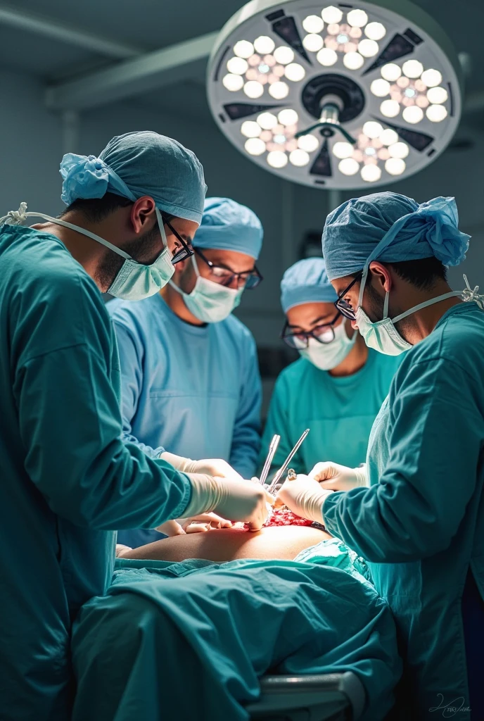 Aishwarya Rai as surgeon, wearing green scrubs, wearing surgical mask and skull cap, wearing surgical glasses, performing heart surgery on male patient, in operation theatre, fullbody view, cutting the chest with scalpel,