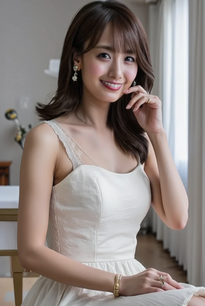 ((table top, highest quality, High resolution, , perfect pixel, 4k, ))), 1 girl, single, alone, Beautiful woman、(Angle where you can see the whole body)、 ((middle wave hair, bangs, brown hair)), ((brown eyes, beautiful eyelashes, realistic eyes)), ((detailed face, blush:1.2)), ((smooth texture:0.75, realistic texture:0.65, realistic:1.1, Anime CG style)), big breasts、soft chest、dynamic angle, perfect body, ((Maid clotheaid headband、ruffle apron、、stockings、wearing an apron without a bra))、earrings、necklace、、sleep in bed、((sleep on your back))、、(spread both arms、)、Very embarrassing panic smile、、upper grade、
