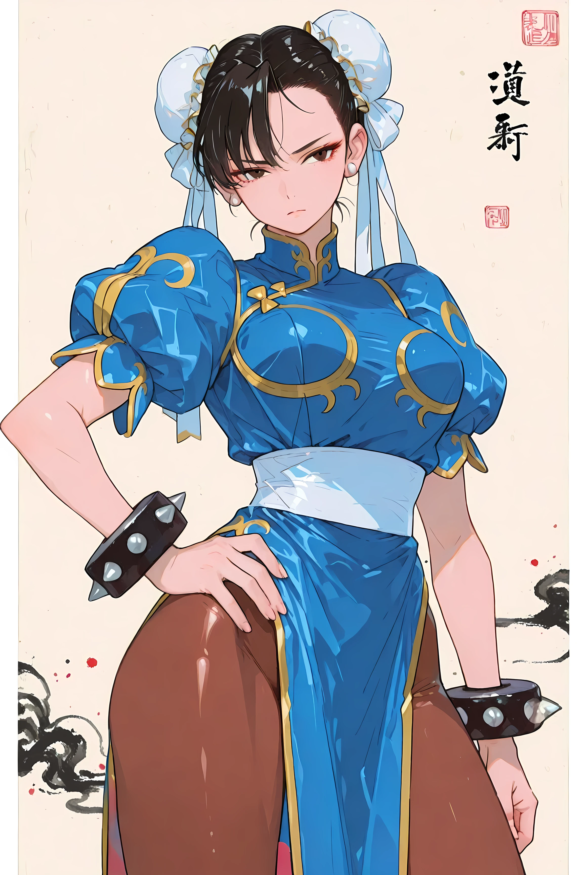 ONES, ,,1girl, Chun-Li.Perfect Anatomy,very Slim thighs with little muscle.. ,cowboy shot,action、Chinese ink painting background、
(woman:. chun-li , black hair, double bun, bun cover, blue china dress, . Pelvic curtain.White thick belt.
puffy sleeves, short sleeves, ,spiked bracelet, black bracelet, pantyhose,, feminine thigh.,)、 Combat posture. Serious expression.