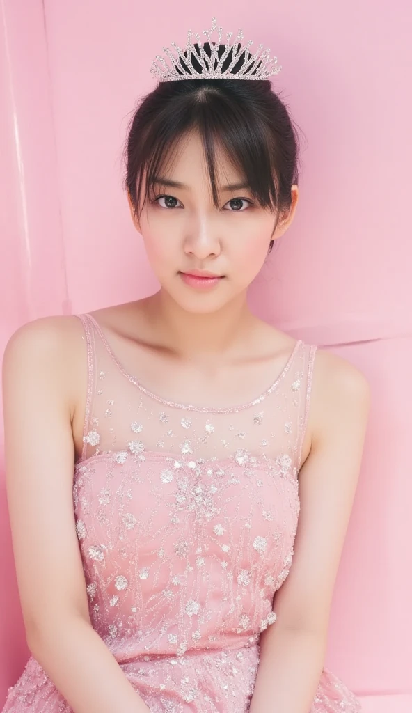 perfect detailed,masterpiece,photographic 8k,short hair,black hair,{thick eyeblows},Single,tsurime:1.2,small hoobs,pink ,blue scart,Cross your arms,standing,From below,white panty,20s,background:highschool,evening,gold effect,