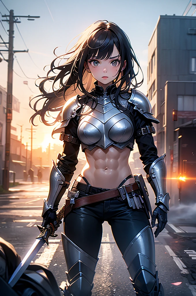 attractive girl wearing nothing. nude naked. She should have a confident and fierce expression, highlighting her agility and strength. The background should depict an urban or battlefield setting, adding a sense of intensity and action. Emphasize her readiness and combat skills while maintaining an alluring appearance. Female Warrior, Action, Intensity, Battlefield.