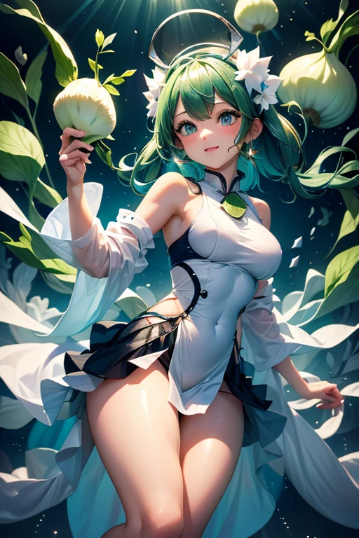 hoop, ring, (circular band), (hoop-like hair accessory), (china dress), holding hoops in hands, ring toss, thong, cameltoe, (partially visible vulva)(erect clitoris)(protruding labia), large round breasts, erect nipples, Narrow constricted waist, small hips, (twin tails), white ribbon, Dark Eyes, green eyes