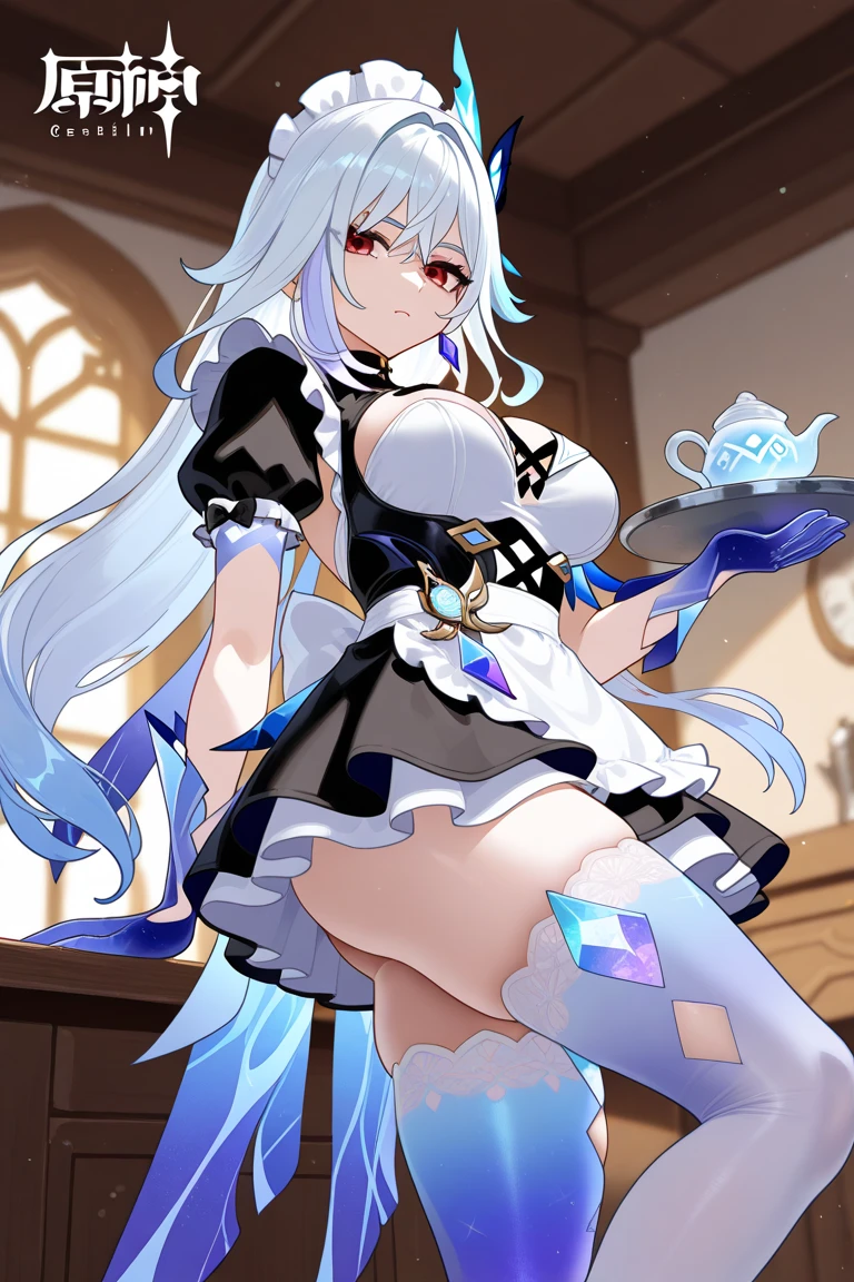 (perky chest:1.2), (pointed chest:1.2),(icecream magazine cover:1.3),(from above:1.2),(shoot from the side:1.1),(((Black Tunic:1.3))),(((cakes and bread in the basket),a 23yo Cute and beautiful girl,masterpiece、highest quality、Very detailed、Beautiful fine details、Detailed landscape、Braided Ponytail、Red camisole、((B cup breasts, Tank top showing underboob:1.0)), thigh strap, bangs, necktie, earrings, nail polish, fishnet pantyhose, silver hair, looking at viewer, full body, bottle, own hands together, belt, food, ring, choker, english text paper:1.2, collared shirt, blue eyes, hat,lace-up boots ,