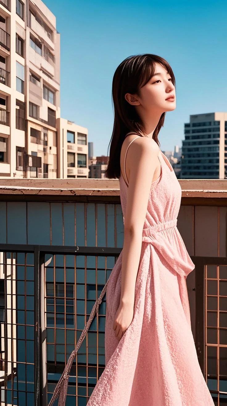 morning、Girl walking on a road parallel to the railroad tracks、You can see the sea in the background, I see the train、（ hair adornments、耳Nipple Ring、Floral hair ornament、butterfly hair ornament）、 Fuji Film, F/4.0, masutepiece, Anatomically correct、A smile, radiant light、Shinkai Makoto style