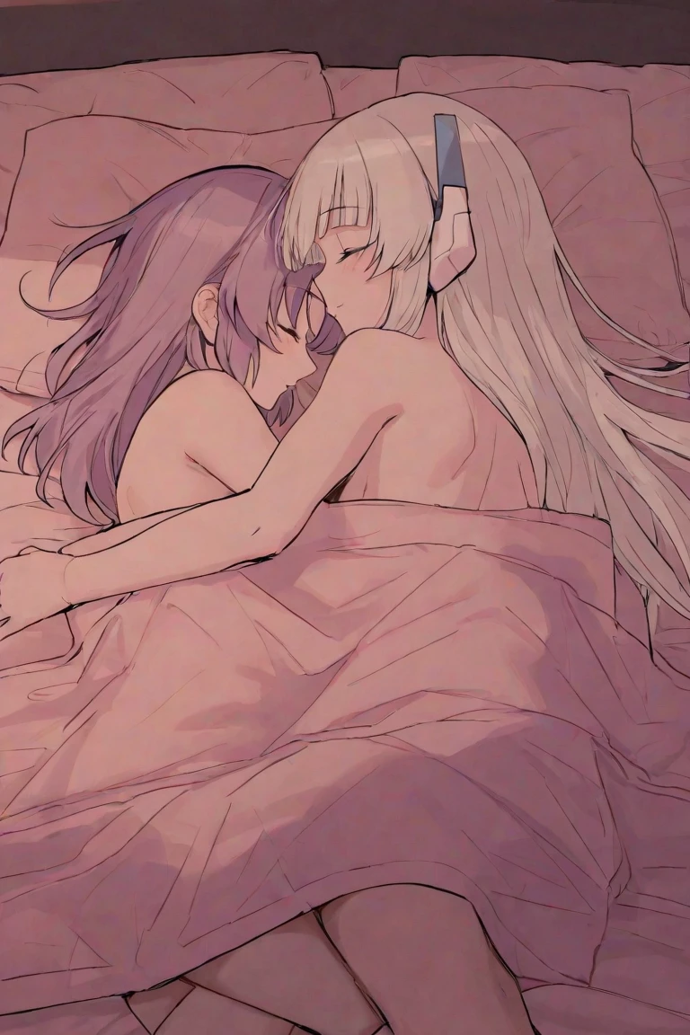 (Fubuki) of one punch man lying next to (Tatsumaki) , hugging each other while they are naked and look at each other tenderly as if they were going to kiss