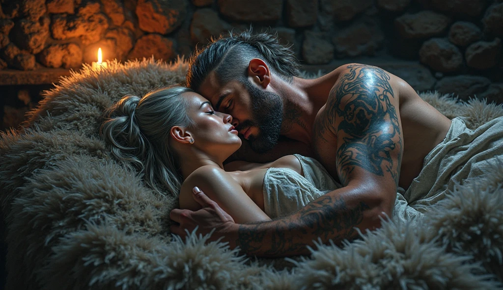 High resolution, multiple views, vivid, hd, zoomed out, a gorgeous smiling, Caucasian woman, long blonde hair with blue hair ends, blue eyes, beautiful makeup and contour, tattoos, big breasts, seductively making out on a bed, wearing lace lingere, kissing a handsome white man with jet black hair with skin fade, short black beard, tattoos, hickies on neck, blue eyes, athletic build, muscles, hand gripping her waist and throat