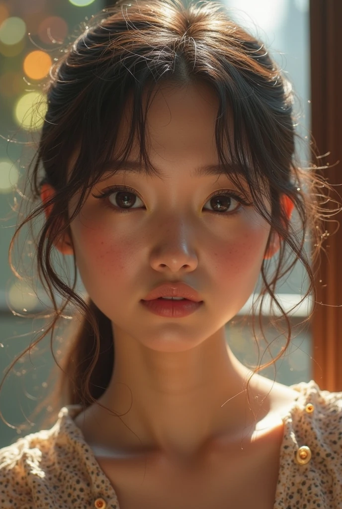 solo,  stand in the kitchen,  a malay girl, milk falls on the chest area of the shirt, sad face, head tilt, eye close, very wet shirt with milk, torn shirt, (delicate illustration:1.4), (renaissance art:1.4),  (masterpiece:1.0), (best quality:1.4), (ultra highres:1.2), (photorealistic:1.4), (8k, RAW photo:1.2), (soft focus:1.4), (20yo:1.3), (sharp focus:1.4), detailed beautiful face, cinematic lighting, Super 8mm, Low angle shot, muted color grading, depth of field, film noir,