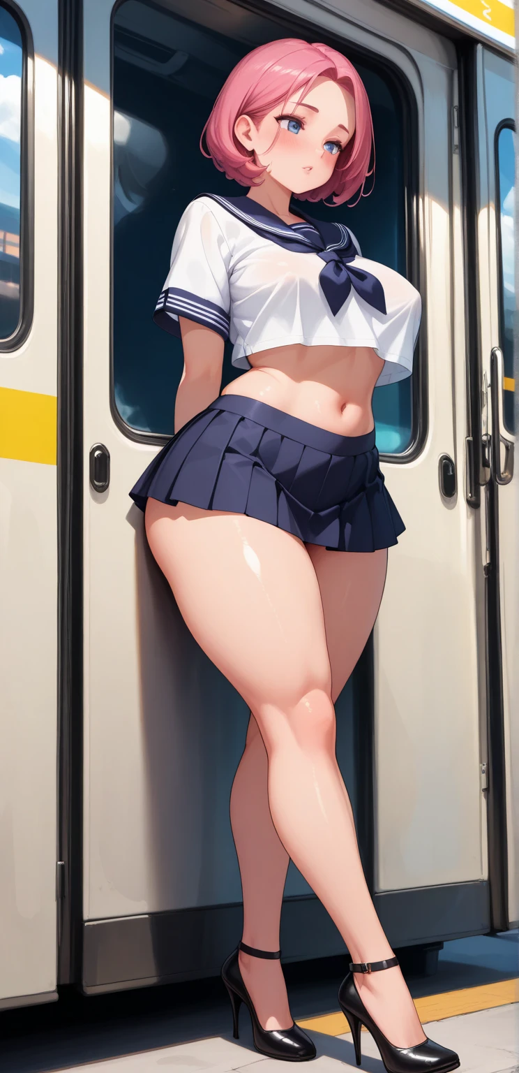 ((Highest quality)), ((masterpiece)), (detailed), 8K White and blue sailor suit ((Wearing socks)) Pussy Height 120cm Outdoors Half-naked Tits Huge nipples ((Overflowing with love juice)) Drooling, shapely legs, naughty expressions, exhibitionism (((Contains a))) No makeup, demure, short hair (Hairstyle: Side tail, ponytail, or twin tail) ((Precise CG)) Anime face, small girl, visible uterus, short torso, shopping street, holding adult toy, standing, showing anus, spreading ass, soaking wet, sloppy face (((Being restrained))) A girl being trained by another girl