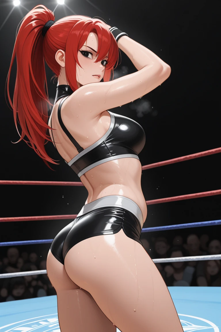 ((double bra, black bikini only, ((leaning on robe)), very little biceps, big breasts), (((wrestling arena))), spotlights, please prioritize (best quality, 4k, 8k, highres, masterpiece:1.2), ultra-detailed, and (realistic, photorealistic, photo-realistic:1.37) rendering. ((looking at the viewer)), ((black bikini only)), groin, ultra detailed face, perfect anatomy, 8k, perfect body proportions, highest quality, 1girl, solo, happy, smile, ERZASCARLET, cleavage, off-shoulder, tall girl, (shiny hair), detailed red hair, (short hair, him cut), open mouth, very big eyes, long belly, wide shoulders, For the image quality, To enhance the visuals, add HDR, UHD, studio lighting, ultra-fine painting, sharp focus, physically based rendering, extreme detail description, professional, vivid colors, fingerless gloves, large breasts