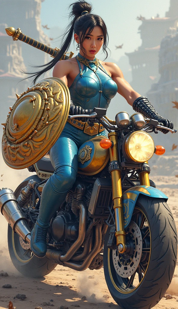 nsfw, anime screencap, 16K, perfect anatomy proportion body, perfect hands, NUDE, action, A dynamic composition with a sense of speed and movement, (Ride a steam engine motorcycle:1.6), a wife, 40age, perfect beautiful delicate sexy face, perfect beautiful delicate eyes, braid-in-braid black hair, (dark skin:1.6), huge breasts, abs, hairy female pubic hair, Wearing an elaborate chainmail breastplate and loincloth, desert, Post-apocalyptic,