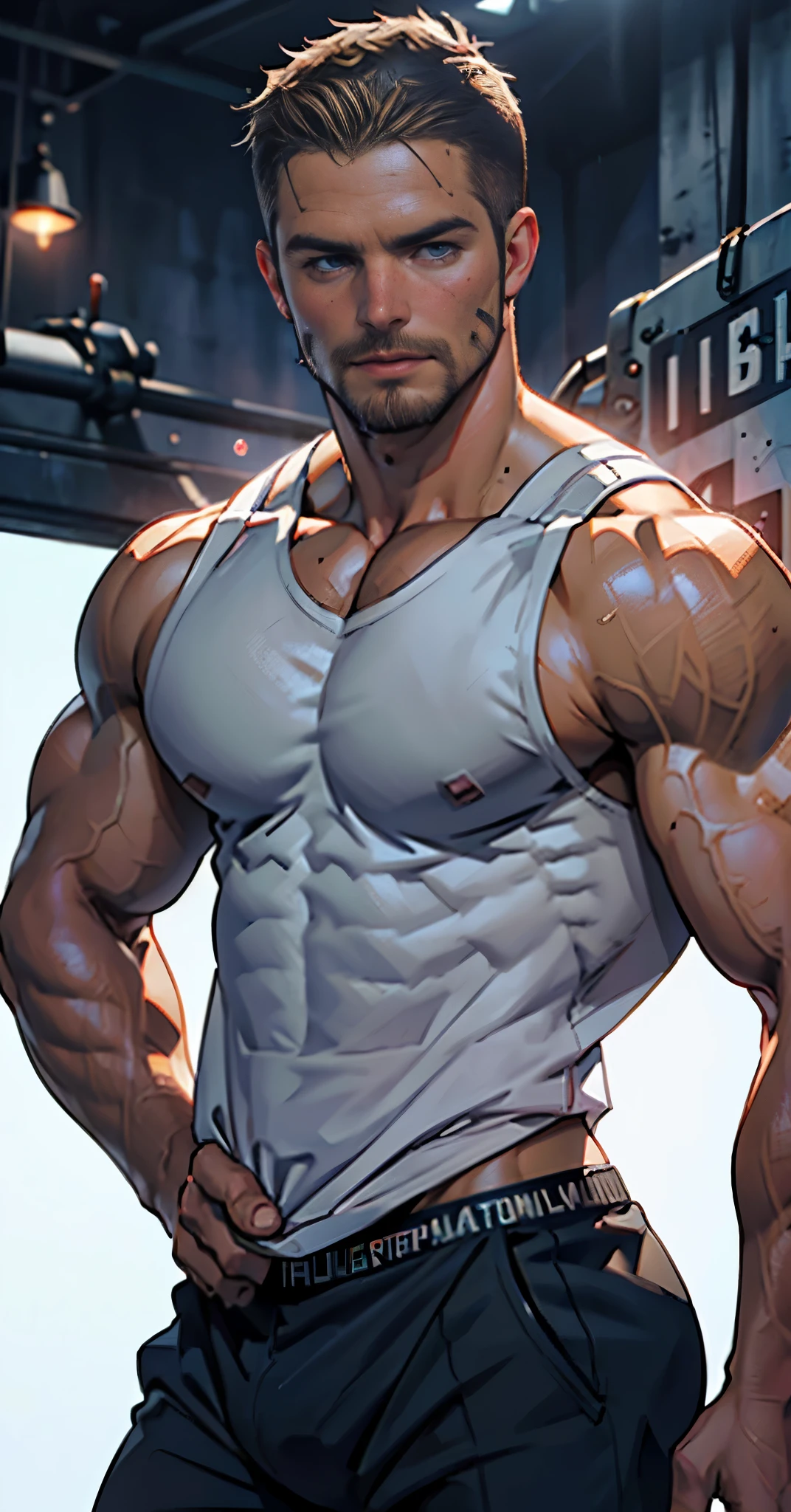 Robust athlete man, upper body revealed, legs uncovered from thighs to feet, bearded with beaded accents, flowing long curls, meticulous muscle definition, lifelike representation, 4K quality. Background: Gymnasium with weights and exercise equipment.,32k uhd, best quality, masterpiece, super detail, high details