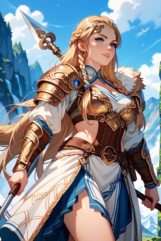 female warrior, long blond hair, blue eyes, dynamic pose, wearing Victorian-era armor, ((background: a sky full of clouds))