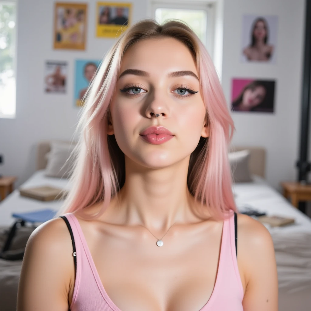 Half-body angle, chiaroscuro lighting, prostituta, vientre expuesto, ropa interior atractiva, pelo largo, sonriendo lujuriosamente, cabello rosa brillante, peach and pink colors, acostado en la cama, pura piel de durazno, constituir, bella delfina, joven seductora, Modelo de moda, Actriz, cuerpo tierno, (pechos grandes), 18 years, detalles finos y detallados, manos detalladas, detailed pupils and cornea of the eyes, cara detallada, cabello detallado, labios detallados, long eyelashes, piercings, Realista style, (8k, foto cruda, Mejor calidad, obra maestra: 1.2), (Realista: 1.photoRealista: 1.photoRealista: 1.3), Rasgos faciales detallados, ultra detallado, obra maestra, Realista lighting, Mejor calidad, obra maestra, Fondo de pantalla CG unity 8k extremadamente detallado, En ArtStation, fondo claro borroso, (Foto real),Solo, a girl, Make eye contact with the camera, micro bikini, cleavage,、Los detalles del iris de la pupila son muy sorprendentes、Limbs without breakdowns、Adolescente blanca、Boca naturalmente cerrada、Areola natural、natural 、ojos fijos、cuerpo natural、Slightly baby face、rostro femenino、cuerpo femenino、con cara redonda、a small face、mejillas suaves、Looking at the camera、cuerpo completosbian、Destacamento、Rostro equilibrado、Estrabismo ligeramente interno、