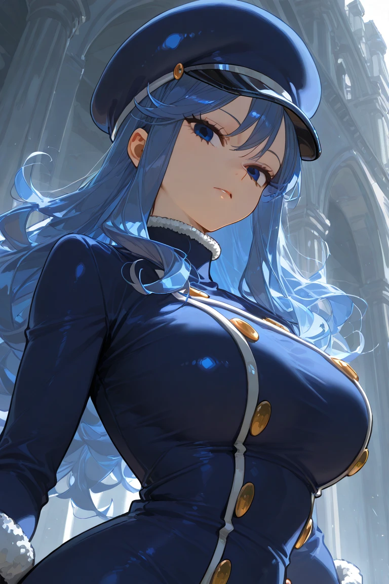 helmdef, hat, (white military, white shorts:1.3),officer,epaulettes, white gloves,blush,light blue hair,long hair,(large breasts),curvy,(cowboy shot),thighs,(cameltoe:1.2),masterpiece,Noise Reduction,perfect anatomy,high resolution, ultra-detailed, ultra-detailed face,game cg,dutch angle ,beautiful detailed eyes,cleavage,five fingers, perfect hands, perfect lighting, sparkling pupils,