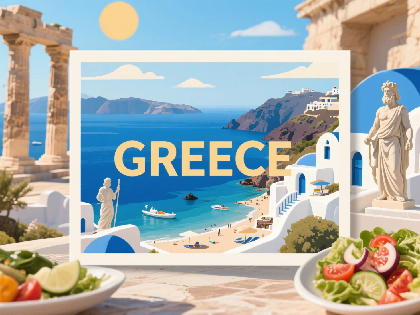Greece word in 3d with background of beer glasses and cigars