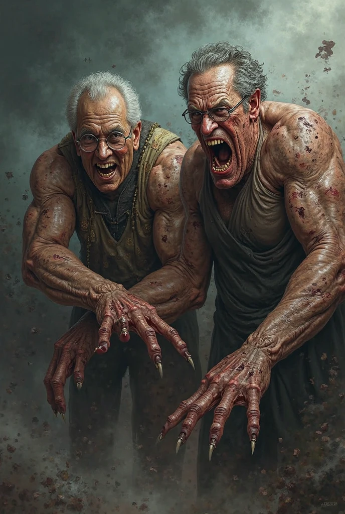 a muscular old grandfather was being attacked by zombies and some of the zombies tore his stomach apart in the swamp