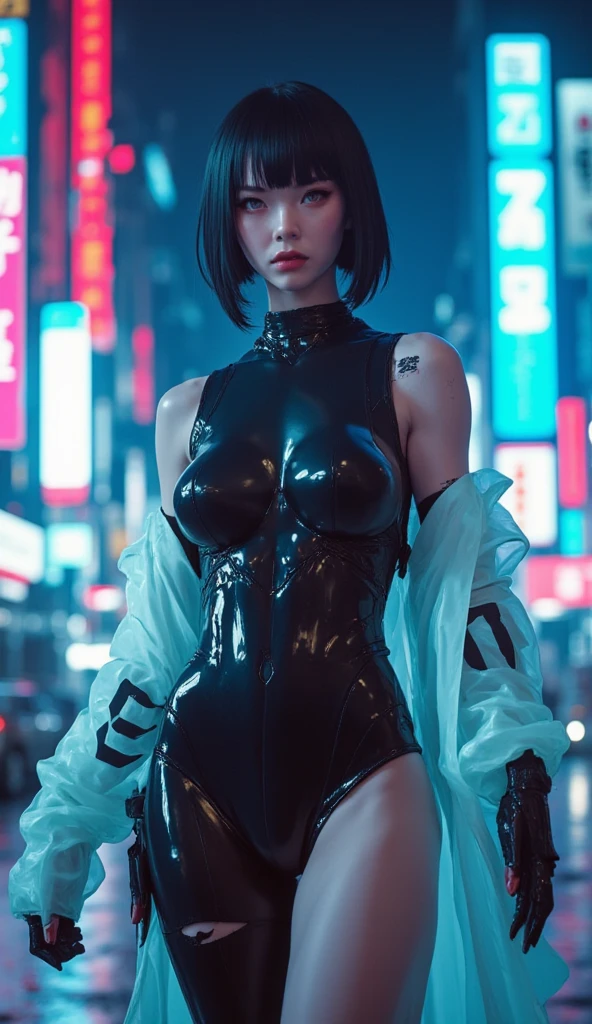 il y a une femme qui se tient sur un balcon avec une horloge, Style cyberpunk , hyperrealistic, dans la ville cyberpunk, dans une ville cyberpunk, body cyberpunk, hyper-realistic Style cyberpunk, Cyberpunk aesthetic, style like a ghost in the shell, style artistique cyberpunk, dans une ville cyberpunk futuriste, belle fille cyberpunk, ultrarealistic cyberpunk art 8k, photo cyberpunk, Cyberpunk Hiroshima