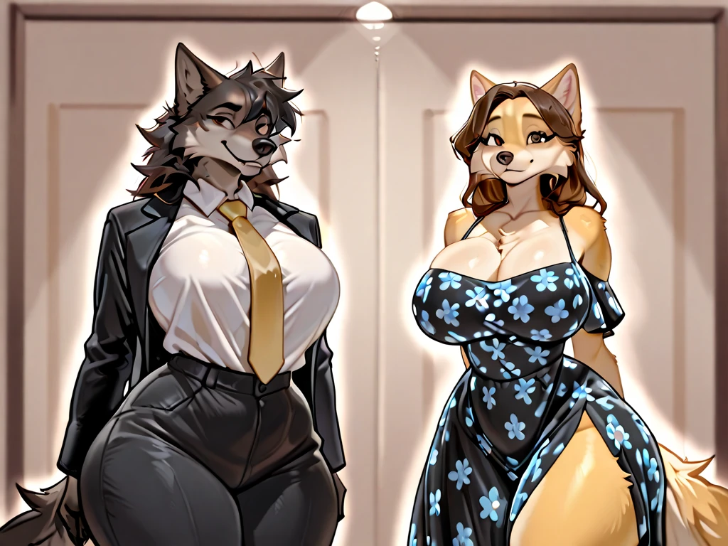 Beastars art style, beastars, Juno, brown wolf, she Wolf, 1girl, furry, long curly brown fur, slim figure, blue eyes, wide hips, Big breasts, nurse outfit, cleavage, night time, hotel room, moon