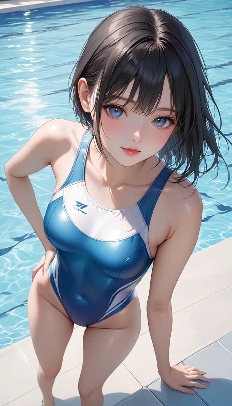 (masterpiece,highest quality,超A high resolution),japanese woman, (((very beautiful girl))), pretty girl、look at the photographer、 ((beautiful low ponytail)), super cute face, glossy lips, double eyelids in both eyes,natural smile、 natural makeup, long eyelashes, Shiny and smooth hair、center image, perfect limbs, perfect anatomy,(((navy blue school swimsuit))、pool,night,See-through