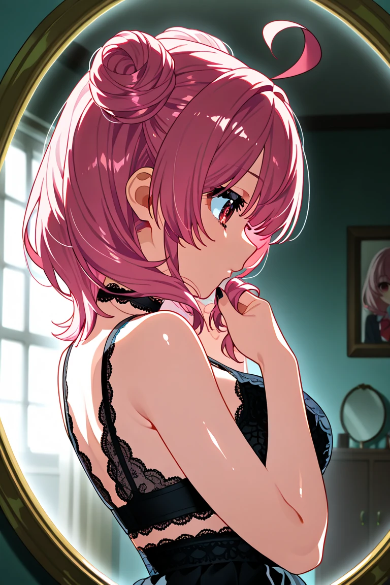 3girls,a pink hair girl,a black hair girl,a blond hair girl,they are changing clothes,under wear,in changing room,dressing room,cleavage
