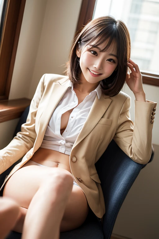 (Sitting posture 1.3),(Facing straight ahead 1.3),(1 girl),(Stock Highlight 1.3),(Shirt cut 1.3),(Jacket 1.3),(Panties 1.3),Dynamic Angle,Attention to detail,Depth of written boundary,135mm,Textured skin,Super detailed,high quality,Awards,最high quality,High resolution,8K,White skin,Sun light,stylish,Perfect composition,最high quality,Very detailed,masterpiece,Cute face,Big smile,Beauty,Age 35,At the office,Sit on a chair,Tabletop,supreme beauty,masterpiece,