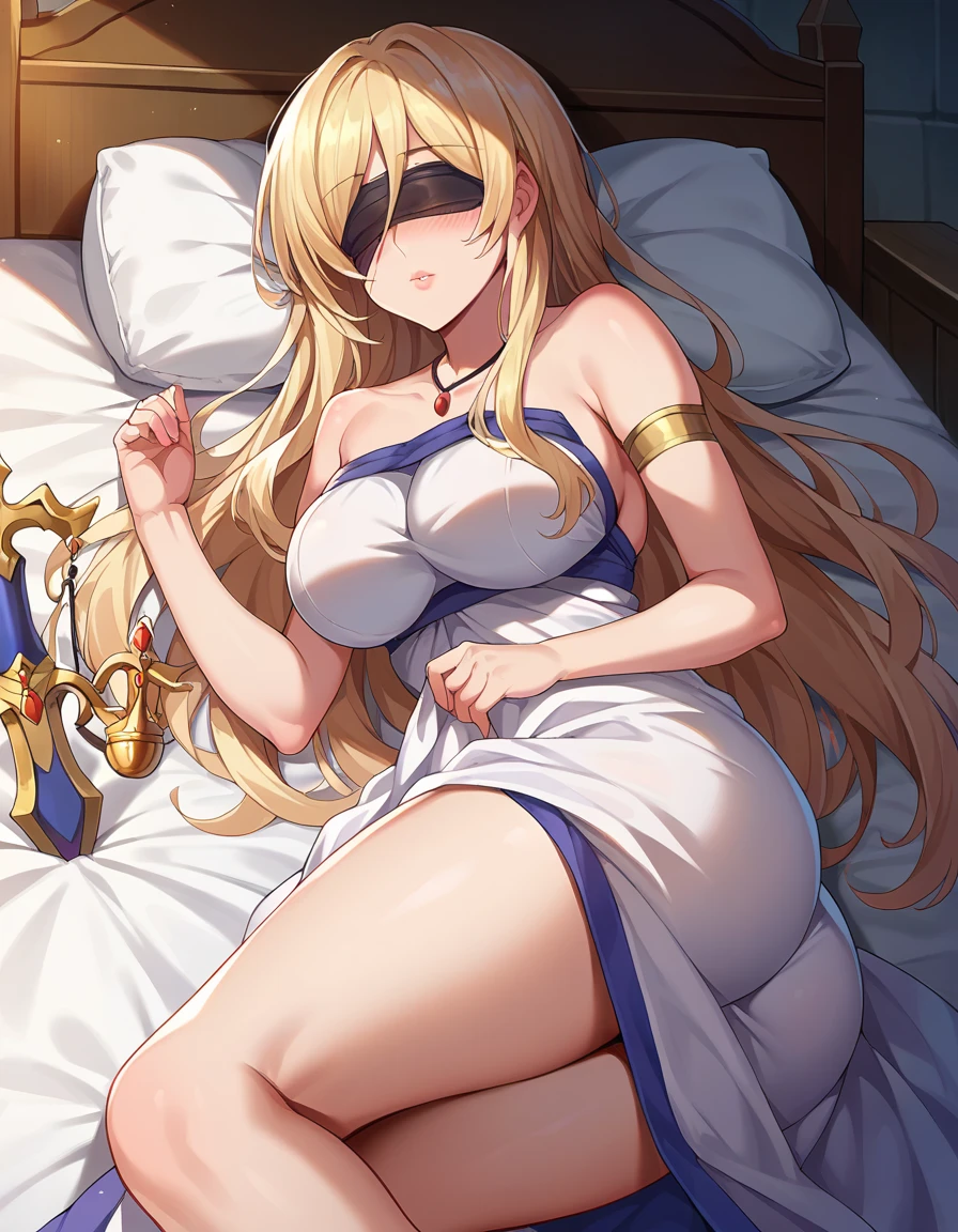 (masterpiece, best quality), intricate details,
1girl, <lora:SwordMaidenGS_NDV-10:0.8> SwordMaidenNDV, 1girl, blonde hair, large breasts, long hair, white dress, (black blindfold:1.2), necklace, habit,
sweating, boob sweat, blushing,
laying on bed, bedroom, from above,