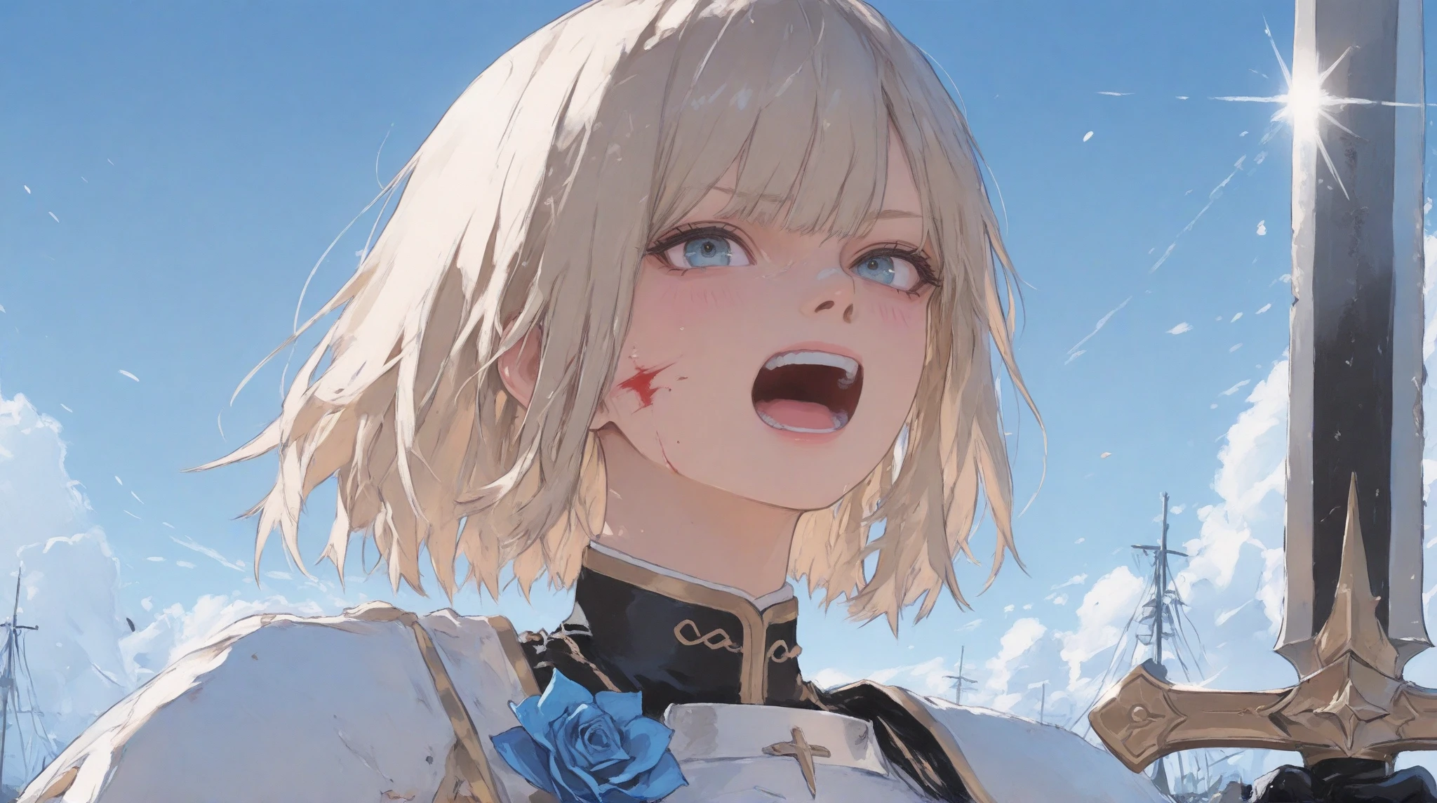 wide range shot, 
score_9, score_8_up, score_7_up, score_6_up, score_5_up, score_4_up, rating_safe, source_photorealistic
 BREAK {(masterpiece,best quality, 16K portrait, UHD, extremely beautiful detailed and super-fine-photorealistic expression)}
 BREAK {(super-fine-photorealistic expression:1.4),(super-fine-photorealistic face:1.5),(contour-emphasis),(beautiful artwork)}

The Blue Rose Knights are marching at cruising speed on their cavalry. The knights are made up entirely of women. The leader, an unknown female knight of the lower ranks, has a sword wound on her face and is a hero who has survived countless gruesome battlefields. Three strong female light infantrymen are running beside her as attendants. All of them are lightly armed and have a firm, springy gait, moving swiftly while keeping their eyes on the ground. The elite knights number 200 and are all mounted on horseback. They are running at a steady pace without getting too close to each other.