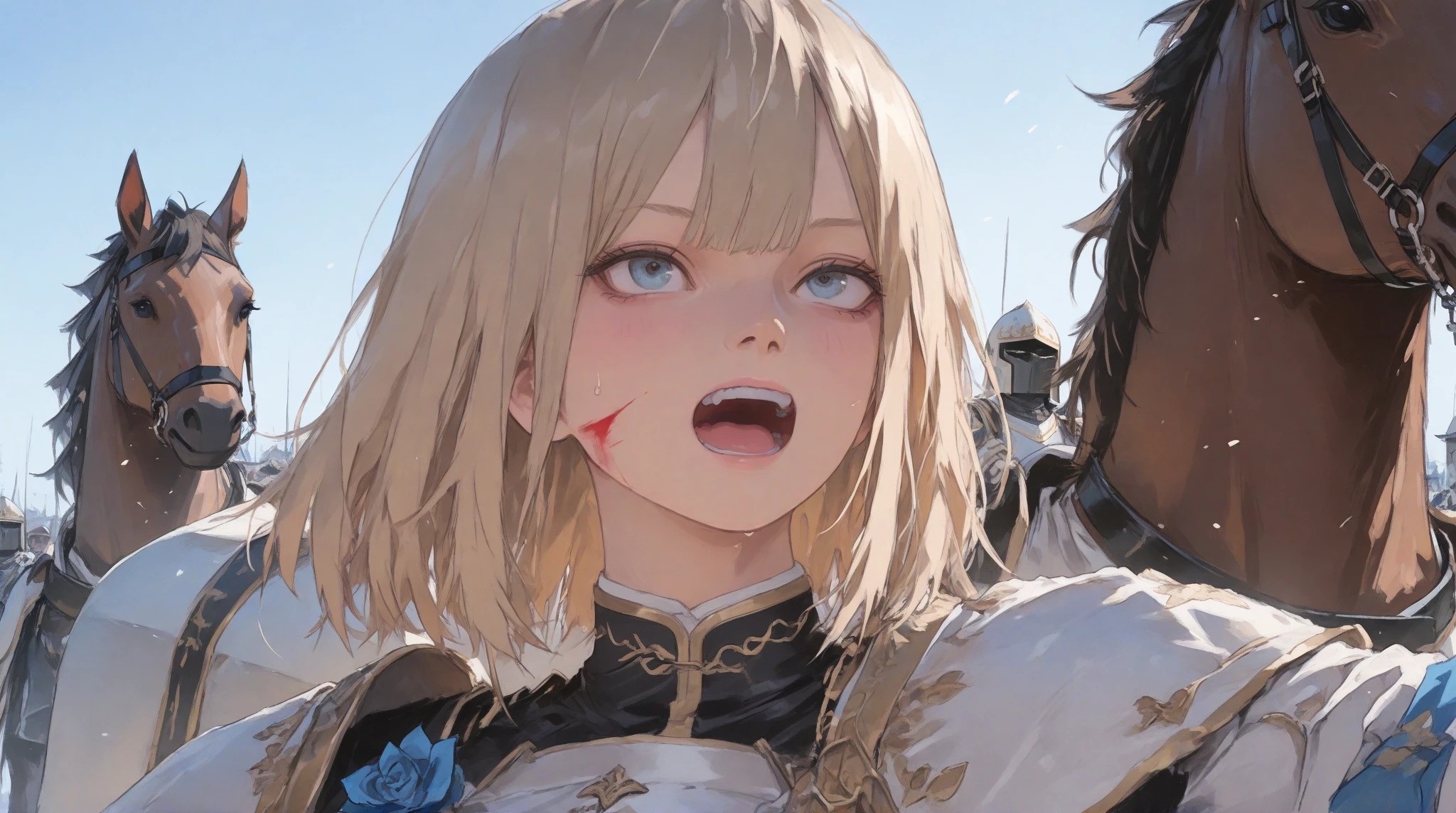 ((masterpiece, 8K, photorealistic, Raw photo, best quality, ultra high resolution)), (1 girl), (solo), (A 14-year-old female of Anglo-Saxon descent., Woman looking out a window in a luxuriously decorated castle, Very cute, Wearing silver armor), (Reddish blush, Panting face with half closed eyes, Face screaming sad voice, Ecstatic face), (cute face:1.3), (Beautiful face, A beautiful face with perfect symmetry, Pretty face, Great smile, Beautiful silver hair, Twin-tailed hairstyle, Crossed bangs, Asymmetrical bangs, Beautiful red eyes, Intense red eyes, Natural and accurate breasts, The cleavage that seems to be overflowing, Beautiful thighs, Perfect Anatomy, High Detail Skin), Very cute笑顔, It&#39;s attractive, Golden Ratio, ((Girl in mechanical armor, Wearing golden metallic armor, Decorated Sword)), (Photorealistic anime girl rendering, Realistic anime 3D style), Disorganized, Camera angle looking up from below, Looking at the viewer, 