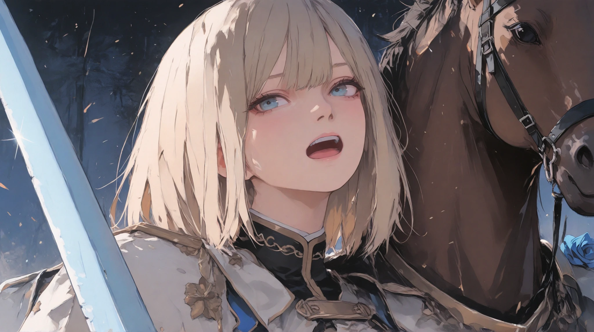 wide range shot, 
score_9, score_8_up, score_7_up, score_6_up, score_5_up, score_4_up, rating_safe, source_photorealistic
 BREAK {(masterpiece,best quality, 16K portrait, UHD, extremely beautiful detailed and super-fine-photorealistic expression)}
 BREAK {(super-fine-photorealistic expression:1.4),(super-fine-photorealistic face:1.5),(contour-emphasis),(beautiful artwork)}

The Blue Rose Knights are marching at cruising speed on their cavalry. The knights are made up entirely of women. The leader, an unknown female knight of the lower ranks, has a sword wound on her face and is a hero who has survived countless gruesome battlefields. Three strong female light infantrymen are running beside her as attendants. All of them are lightly armed and have a firm, springy gait, moving swiftly while keeping their eyes on the ground. The elite knights number 200 and are all mounted on horseback. They are running at a steady pace without getting too close to each other.