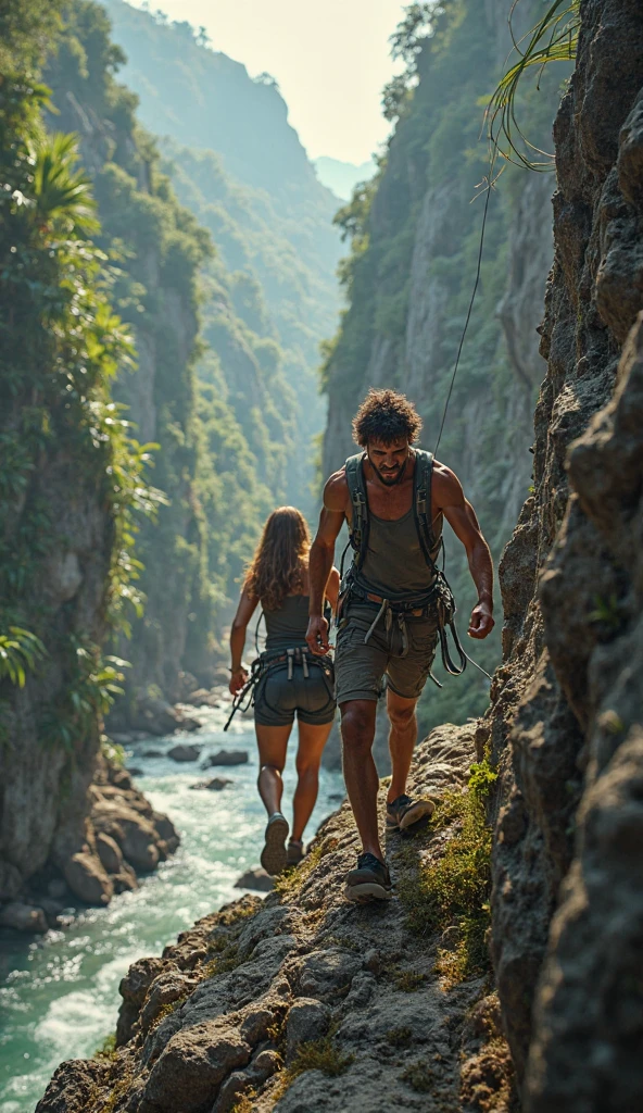 Sexy hot teen boy with a tanned body wearing a fit boxer shorts and boots is sitting on another girl's back who is crawling on all fours and carrying at a stream at forest