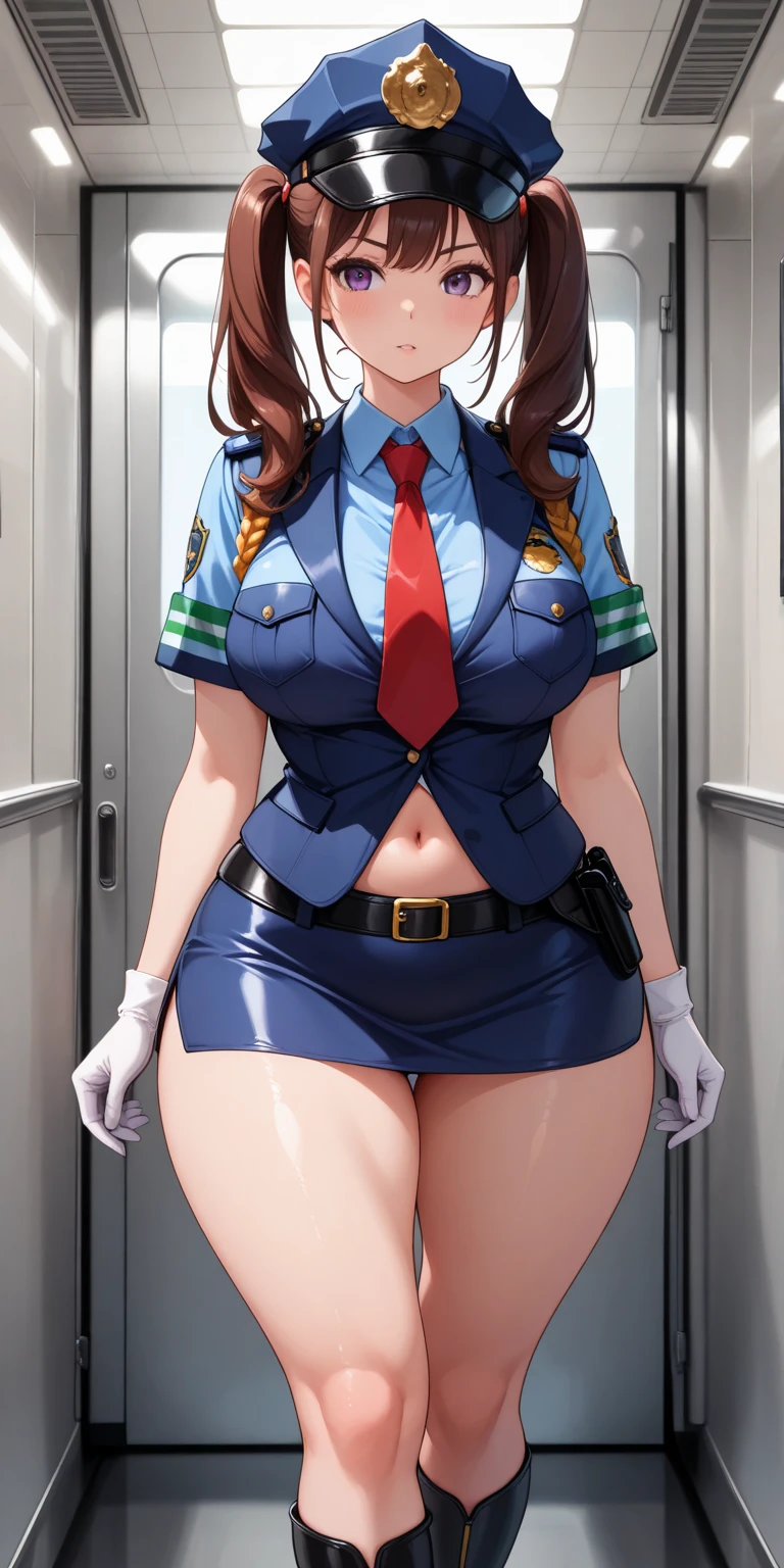 There is a woman in a police uniform, official, police official, (Yoshida Yuuko), relaxed police, Attire: cop, redhead woman, yoshida yuuko wearing a police uniform, high resolution commission, sheriff woman, Lois van Baarle y Rossdraws, bottomless, leotard blue, bare legs, standing, (((his hands are behind his body)),((The whole body is tightly bound.)) in dungeon,