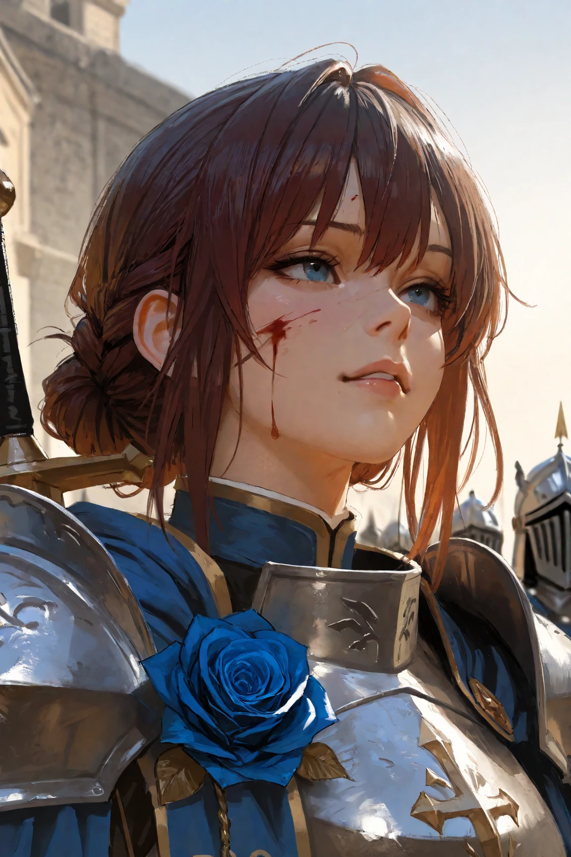 wide range shot, 
score_9, score_8_up, score_7_up, score_6_up, score_5_up, score_4_up, rating_safe, source_photorealistic
 BREAK {(masterpiece,best quality, 16K portrait, UHD, extremely beautiful detailed and super-fine-photorealistic expression)}
 BREAK {(super-fine-photorealistic expression:1.4),(super-fine-photorealistic face:1.5),(contour-emphasis),(beautiful artwork)}

The Blue Rose Knights are marching at cruising speed on their cavalry. The knights are made up entirely of women. The leader, an unknown female knight of the lower ranks, has a sword wound on her face and is a hero who has survived countless gruesome battlefields. Three strong female light infantrymen are running beside her as attendants. All of them are lightly armed and have a firm, springy gait, moving swiftly while keeping their eyes on the ground. The elite knights number 200 and are all mounted on horseback. They are running at a steady pace without getting too close to each other.