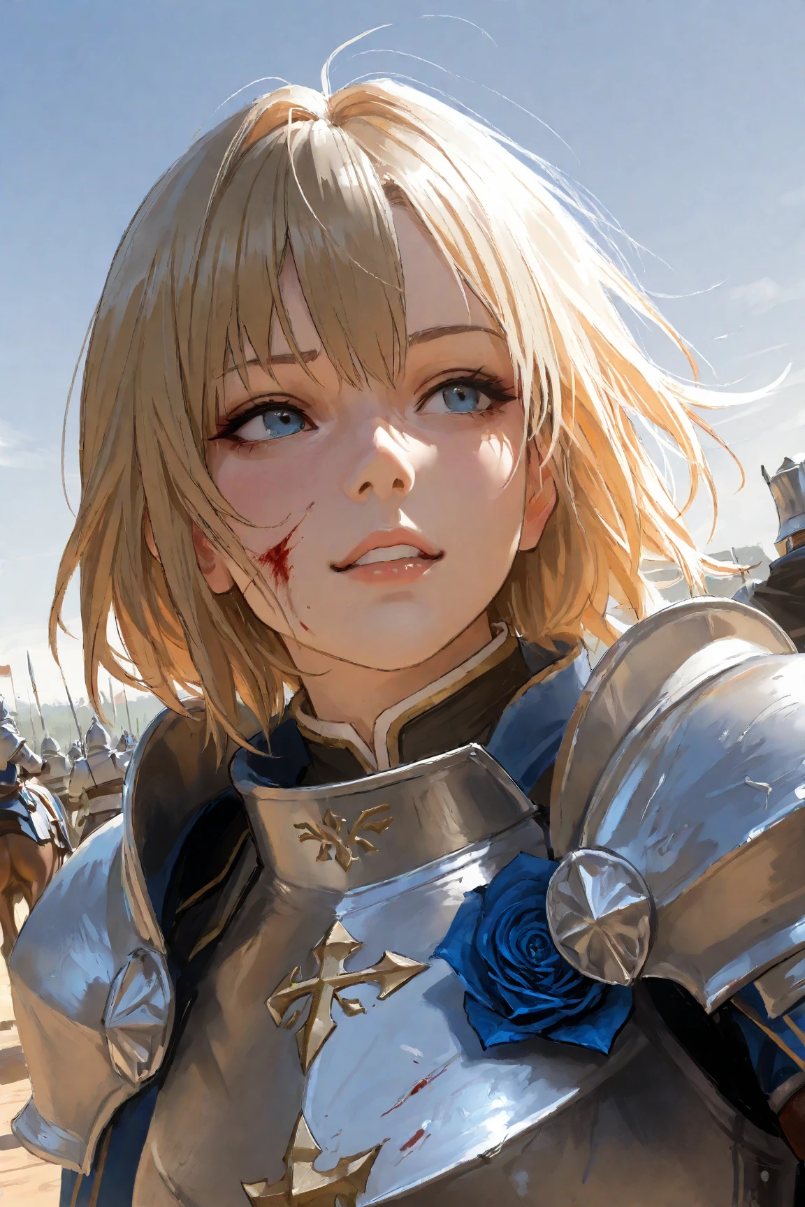 wide range shot, 
score_9, score_8_up, score_7_up, score_6_up, score_5_up, score_4_up, rating_safe, source_photorealistic
 BREAK {(masterpiece,best quality, 16K portrait, UHD, extremely beautiful detailed and super-fine-photorealistic expression)}
 BREAK {(super-fine-photorealistic expression:1.4),(super-fine-photorealistic face:1.5),(contour-emphasis),(beautiful artwork)}

The Blue Rose Knights are marching at cruising speed on their cavalry. The knights are made up entirely of women. The leader, an unknown female knight of the lower ranks, has a sword wound on her face and is a hero who has survived countless gruesome battlefields. Three strong female light infantrymen are running beside her as attendants. All of them are lightly armed and have a firm, springy gait, moving swiftly while keeping their eyes on the ground. The elite knights number 200 and are all mounted on horseback. They are running at a steady pace without getting too close to each other.